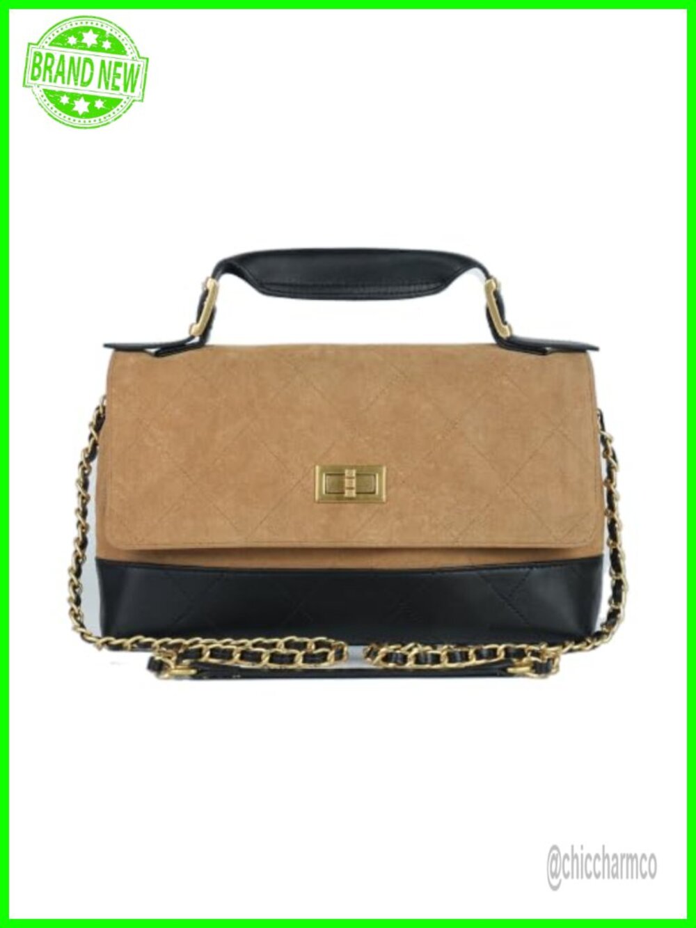 Quilted Lambskin Leather Suede Satchel Shoulder Bag Turn Lock